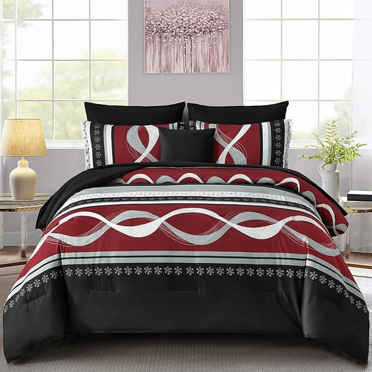 Anibedding Burgundy Comforter Set Queen Size, 8 Pieces Striped Bed in a Bag, Patchwork Comforter with Sheets Set Soft Microfiber Boho Bedding Sets(90"×90")