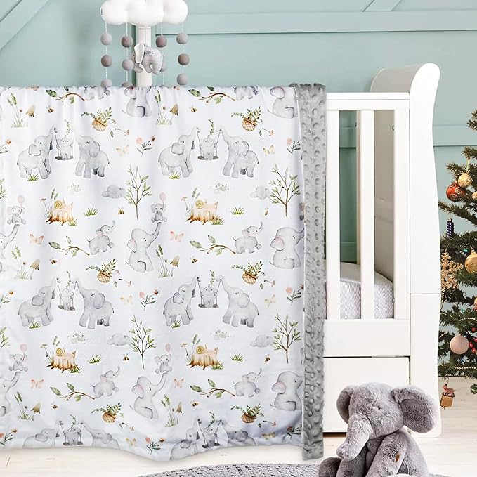 BOPRIO Baby Blankets for Unisex Boys Girls, Super Soft Nursery Minky Blankets with Baby Elephant Design and Dotted Fleece Backing, Printed Bed Throws Newborn