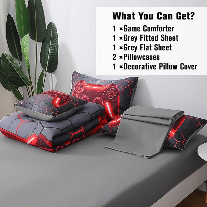 JQinHome Queen Gamer Comforter Set for Boys Girls Kids,6 Piece Bed in A Bag 3D Video Game Bedding -All Season Soft Microfiber Down Alternative Comforter Gamer Bedding Sets with Sheets （Red）