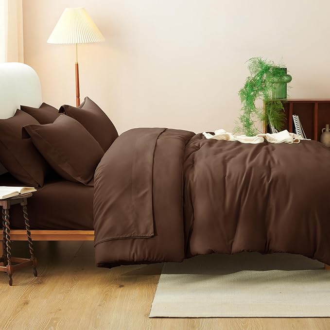 CozyLux King Size Comforter Set Brown, 7 Pieces Bed in a Bag King Comforter Set with Sheets, Soft Bedding Set with Down Alternative Comforter, Fitted Sheets, Flat Sheets, Pillow Shams and Pillowcases