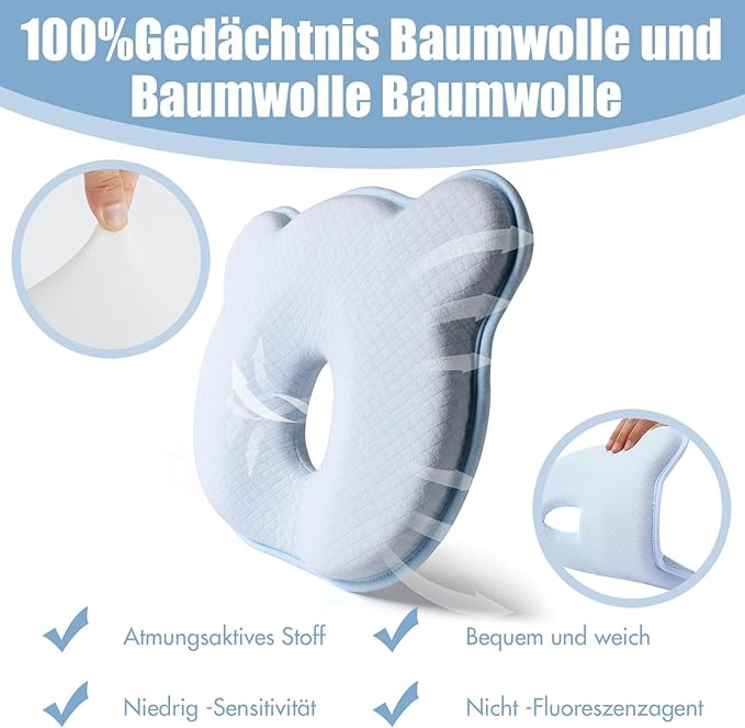 Memory Foam Baby Travel Pillow,Portable Cute Cartoon Bear Soft and Cozy Pillow, Breathable Bedding Set