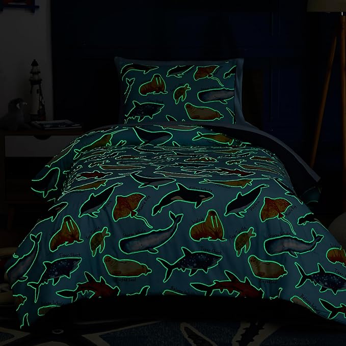 Twin Comforter Set for Boys Kids - 5 Pieces Glow in The Dark Ocean Animals Twin Bedding Sets for Kids, Ultra Soft Bed in A Bag with Sheets