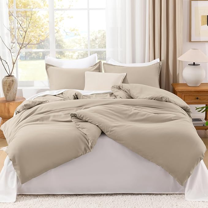 Litanika Comforters Khaki Oversized Queen Size, 3 Pieces Lightweight Solid Bedding Comforter Set, All Season Fluffy Bed Set (98x98In Comforter & 2 Pillowcases)
