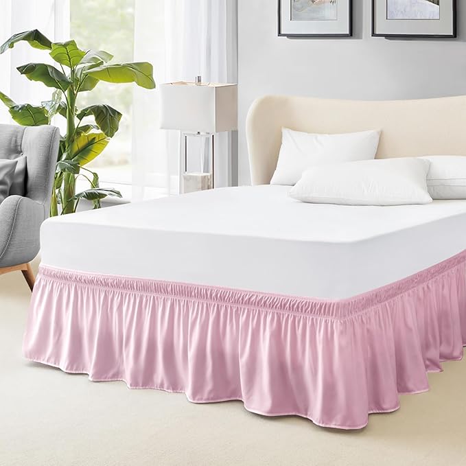 FreshCulture Full Bed Skirt, Elastic Wrap Around Bed Skirt Full Bed, Easy Fit with 15-Inch Tailored Drop, Hotel Quality Dust Ruffle for Full Size Bed, Bed Skirt Full Size (Dusty Pink)