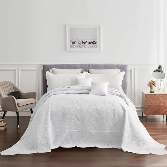 Oversized King Bedspread 128x120 Extra Wide, Ultrasonic Lightweight Bedding Cover, Paisley Pattern, Reversible, 5 Piece, 100% Microfiber, Pure White