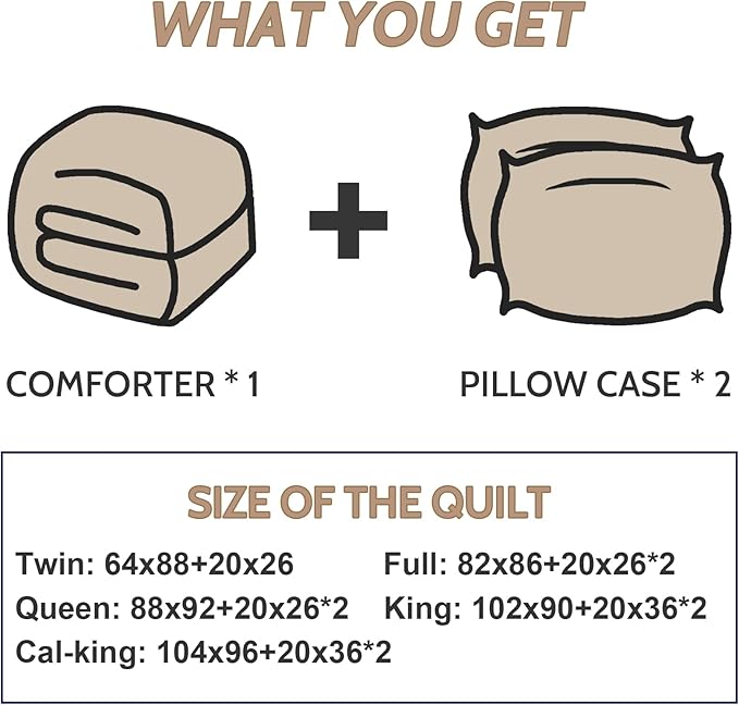 Decroom Lightweight Queen Comforter Set with 2 Pillow Sham - 3 Pieces Set - Quilted Down Alternative Comforter/Duvet Insert for All Season - Beige - Queen Size