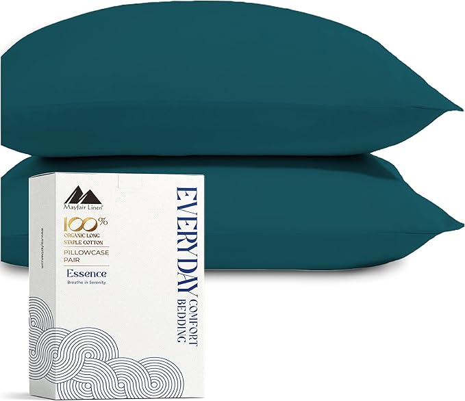 Mayfair Linen 100% Organic Cotton King Size Pillow Cases Set of 2 - Ultra Soft Hotel Quality King Pillow Covers, Authentic GOTS Certified, Crisp, Cooling Percale Weave Cotton Pillowcases - Teal