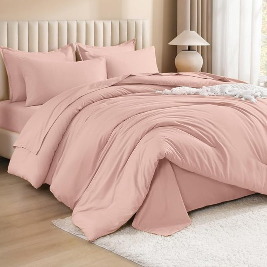 Litanika Comforter California King Size Set Blush Pink - 7 Pieces Bed in a Bag California King Bedding Comforter Sets, Plain Lightweight Bed Set with Comforter, Sheets, Pillowcases & Shams