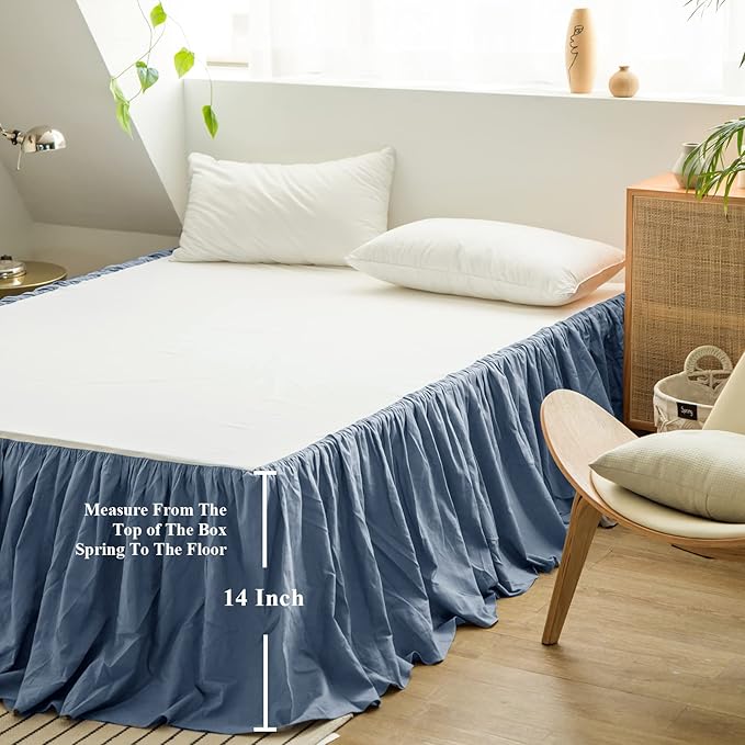 BISELINA French Linen Bed Skirt with Pleated Frills 14-Inch Tailored Drop Natural Flax Cotton Blend Dust Ruffle Soft Cozy Farmhouse Bedding (14" Full, Navy Blue)