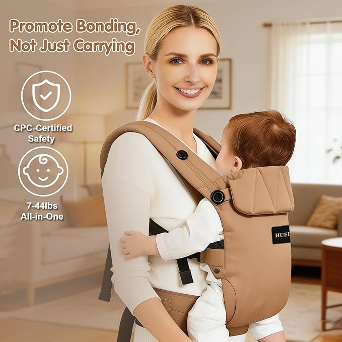 Baby Carrier (7–44lbs), Soft Breathable Double-Shoulder Carrier with Adjustable Support, Ergonomic Design for Hip Positioning, Comfort Waist Support, Lightweight Hands-Free Baby Carrier (Brown)