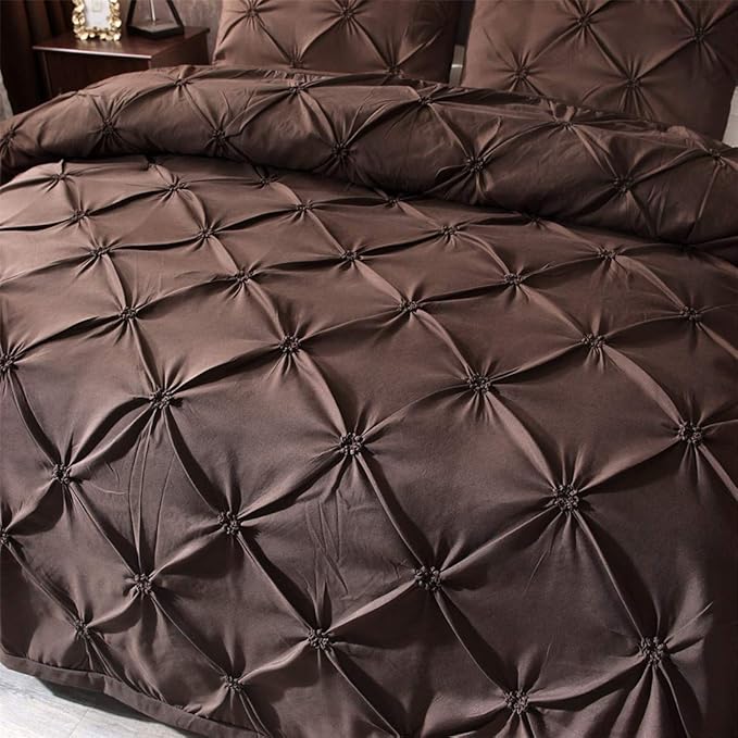 Feelyou Pinch Pleated Duvet Cover with Zipper Closure Pintuck Comforter Cover Set Twin Size Luxurious Pintuck Tufted Bedding Set Solid Coffee Microfiber Bedspread Cover with 1 Pillow Shams Soft