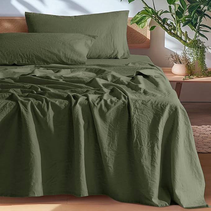 SONORO KATE 100% French Pure Linen Sheets, Breathable and Durable Line Twin Size Sheets, Anti-Tear Line Bed Sheets, Machine Washable, 16 Inch Deep Pocket - 3 Piece (Olive Green, Twin)