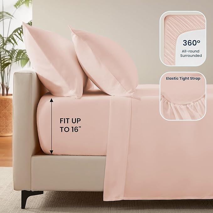 SLEEP ZONE Nanotex Super Soft Cooling Queen Bed Sheets Set for Kids 3 Piece - Easy Care Fitted Flat Sheet & Pillowcase Sets - Wrinkle Free,Fade Resistant,Deep Pocket 16",Rose Pink,Queen