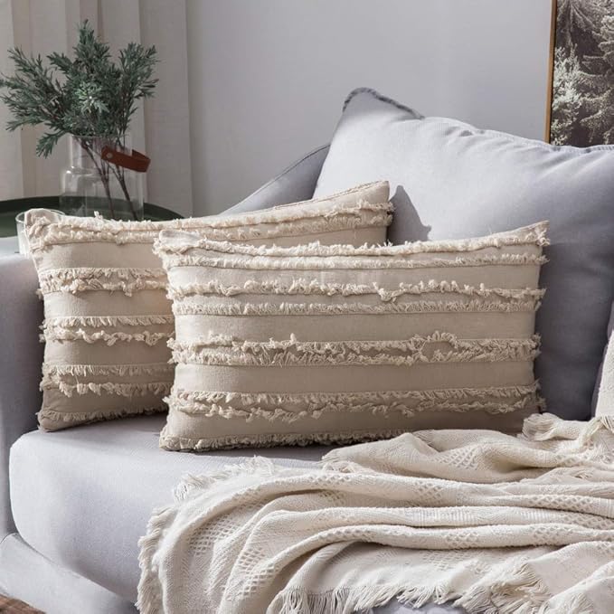 MIULEE Set of 2 Decorative Boho Throw Pillow Covers Spring Linen Striped Jacquard Pattern Cushion Covers for Sofa Couch Living Room Bedroom 12x20 Inch Beige