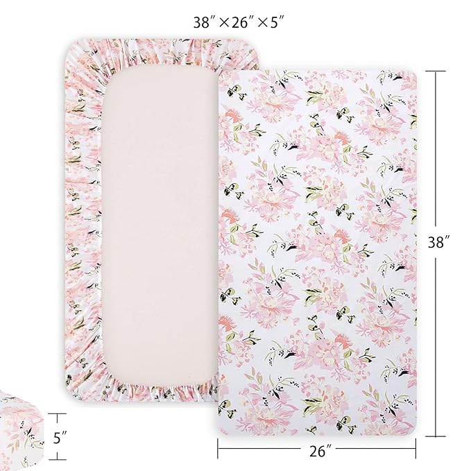 Little Grape Land Pack and Play Sheets Mini Crib Sheets Soft Breathable Pack N Play Sheets, Playard Fitted Sheet 2 Pack Stretchy Fits 38"x26" Playard Mattress, Pink Floral