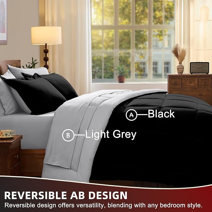 FUANNA King Size Comforter Set 7 Pieces, Reversible Bedding Sets with All Season Soft Comforter, Bed in a Bag Includes Comforter, Flat Sheet, Fitted Sheet, Pillowcases & Shams, Black & Light Grey