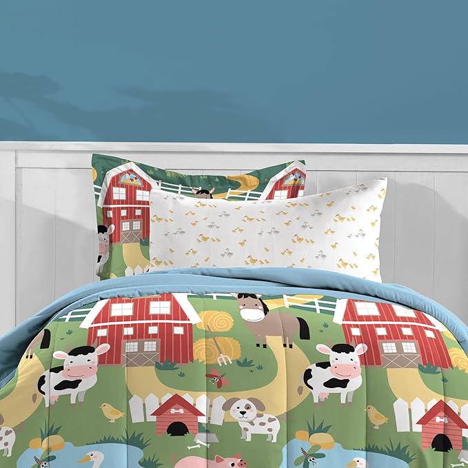Dream Factory Kids 7-Piece Complete Bed Set Easy-Wash Super Soft Microfiber Comforter Bedding, Full, Multi Barnyard Animals