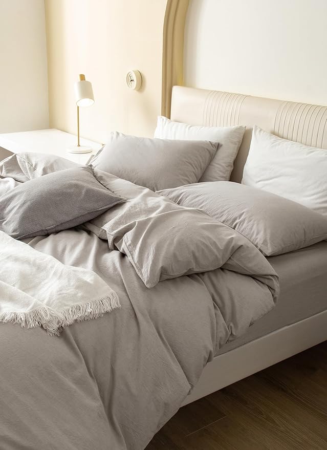 JIYUAN 100% Washed Cotton Duvet Cover Set 3 PCS Oversized Queen, 1 Duvet Cover 98"x98" (Comforter Not Included) and 2 Pillowcases,Linen Feel Bedding Set Comfy and Breathable, Heathered Cream Grey