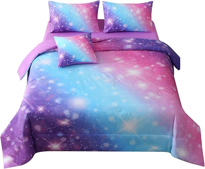 JQinHome Glitter Bedding Set Twin Size,6 Piece Bed in A Bag 3D Colorful Rainbow Galaxy Comforter Set for Girls Kids-All Season Microfiber Tie-Dye Bedding Sets(Blue Purple)