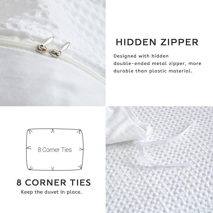 SE SOFTEXLY Waffle Duvet Cover King, 100% Cotton Waffle Weave Bedding Duvet Cover Set, Soft and Breathable Comforter Cover for All Season, 3 Pieces Including Pillow Shams（White, 104”x90”）
