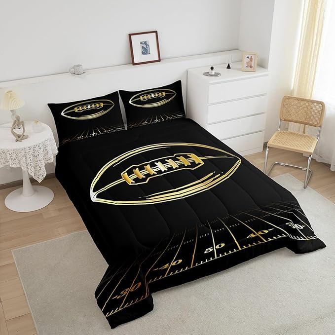 Feelyou Football Bedding Set Queen Kids Rugby Sports Comforter Set American Football Comforter Set for Boys Golden Black Room Decor Lightweight Quilt Set with 2 Pillow Case