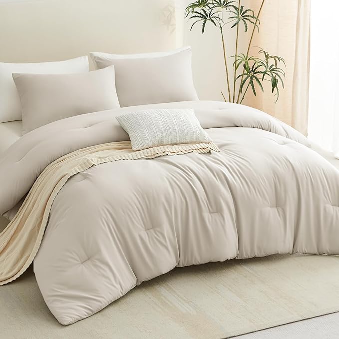 CozyLux Oversized King Comforter Set Beige, 3 Pieces 120x98 Solid Breathable Quilted Style Bedding Sets All Season, Luxury Soft Down Alternative Comforter Bed Set (1 Comforter & 2 Pillowcases)