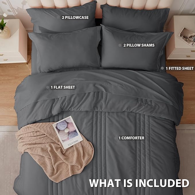 Queen Comforter Set Dark Grey - Bed in a Bag Queen Size 7 Pieces, Soft Bedding Set for All Seasons, Premium Queen Comforter Set with Comforter, Sheets, Pillowcases & Shams