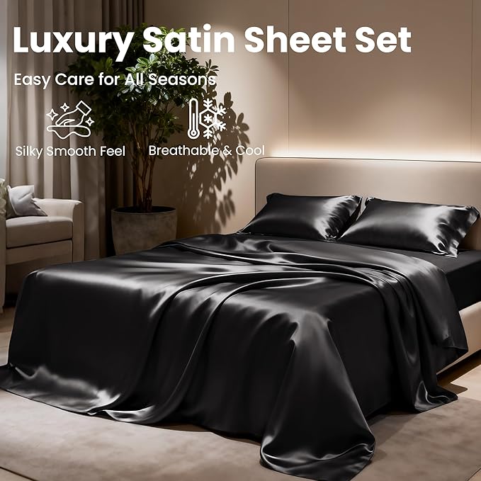 Love's cabin Full Size Satin Sheet Sets - 4 Piece Black Silky Sheet Set with Deep Pocket, Luxury Silk Feel Bed Sheets Full Bedding Set (1 Flat Sheet,1 Fitted Sheet,2 Pillow Cases)