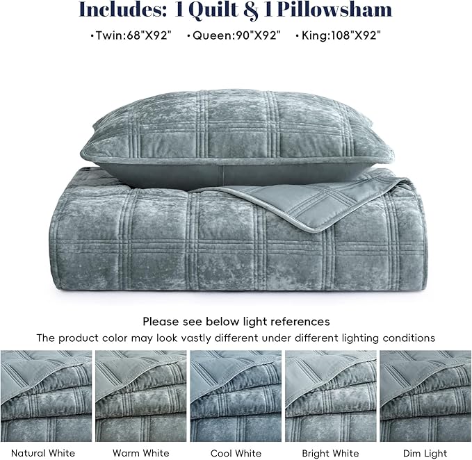 PHF Ultra Soft Velvet Quilt Set Twin Size – 2PCS Luxurious Cozy Quilted Comforter Alternative with Diamond Pattern, Warm Quilted Bedspread Coverlet, 68" x 92", Dusty Blue
