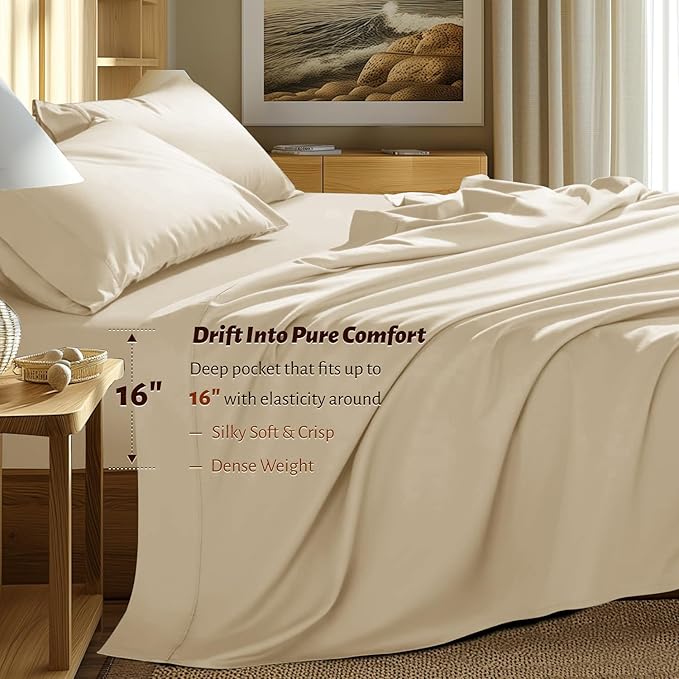 Shilucheng 100% Egyptian Cotton Sheets Set - 1000 Thread Count，Luxury Cotton Bed Sheets，Breathable & Cooling Bedding and Pillow Cases, 16 Inch Deep Pocket - 4 Piece (Beige, Full)
