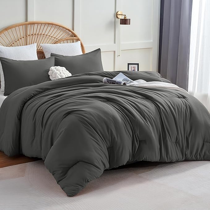 CozyLux Oversized Queen Comforter Set Dark Grey, 3 Pieces 98x98 Solid Breathable Quilted Style Bedding Sets All Season, Luxury Soft Down Alternative Comforter Bed Set (1 Comforter & 2 Pillowcases)