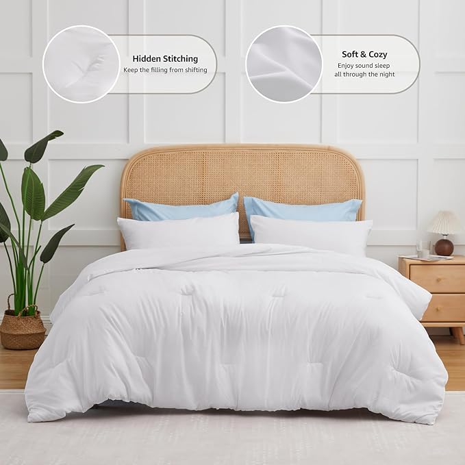 CozyLux White King Size Comforter Set, 3 Pieces Solid Breathable Quilted Style Bedding Sets, Luxury Fluffy Soft Bed Set with Down Alternative Comforter for All Season (1 Comforter & 2 Pillowcases)