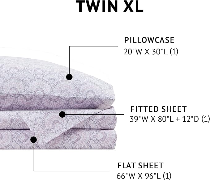 Comfort Spaces 100% Cotton Sheet Set Breathable, Lightweight, Soft with 12" Elastic Pocket Fits up to 14" Mattress, All Season Cozy Bedding, Matching Pillow Case, Twin XL Tabitha Purple 3 Piece