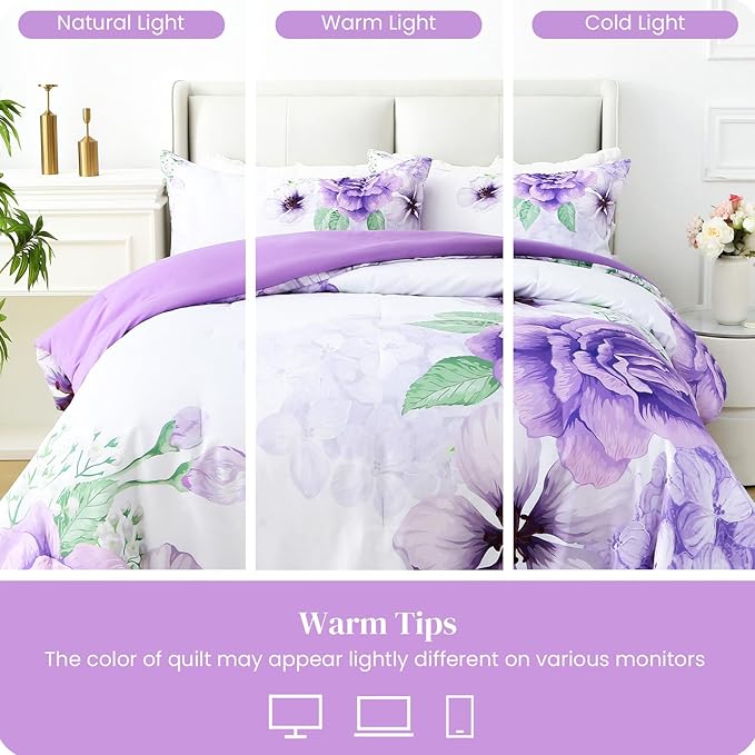 Floral Comforter Set Queen Size, 3 Pieces Elegant Purple Floral Bed in a Bag, Soft Microfiber Botanical Flower Bedding Set with 2 Pillowcases for All Season 90"×90"