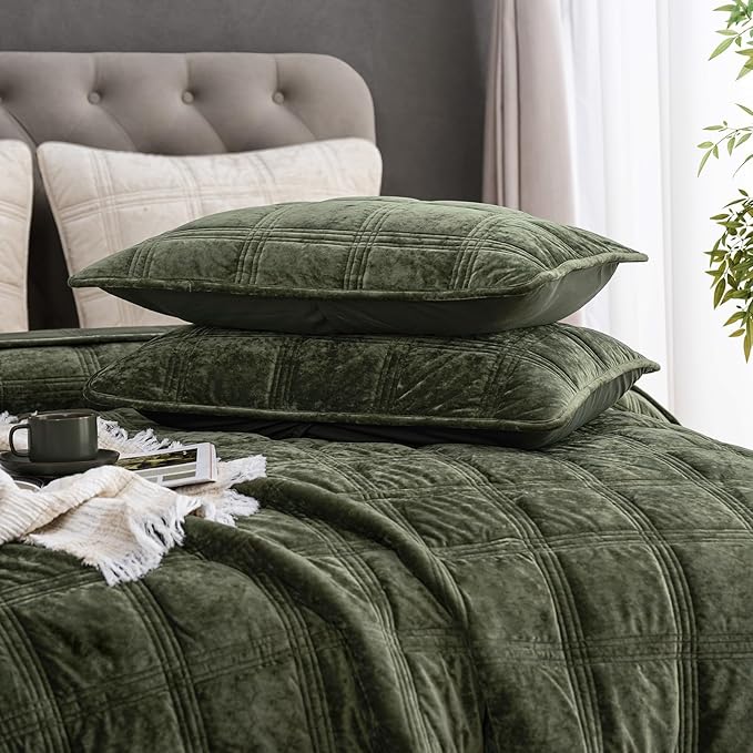 PHF Ultra Soft Velvet Quilt Set Twin Size – 2PCS Luxurious Cozy Quilted Comforter Alternative with Diamond Pattern, Warm Quilted Bedspread Coverlet, 68" x 92", Smokey Olive