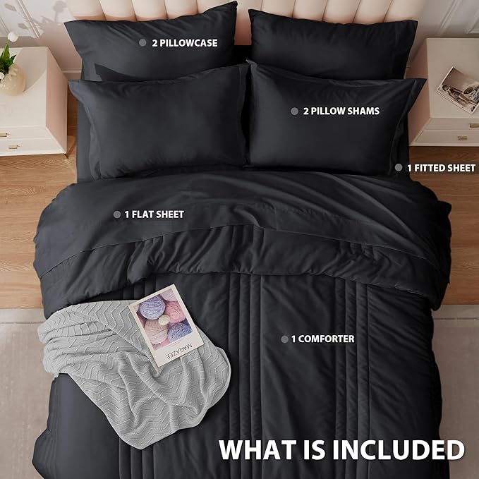 Queen Comforter Set Black - Bed in a Bag Queen Size 7 Pieces, Soft Bedding Set for All Seasons, Premium Queen Comforter Set with Comforter, Sheets, Pillowcases & Shams