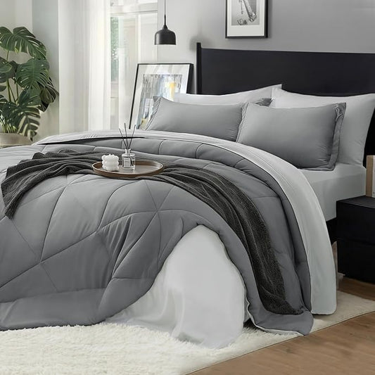 BEDELITE California King Size Comforter Set 7 Pieces Bed in A Bag - Soft Microfiber Reversible Cal King Grey Bed Set with Comforters, Sheets, Pillowcases & Shams, Cozy Bedding Sets for All Season