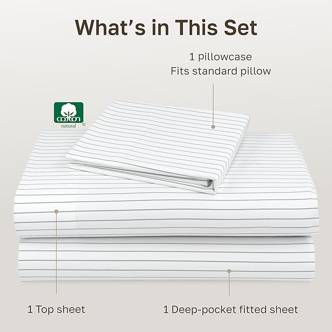 California Design Den Printed Twin XL Sheet Sets - 400 Thread Count Sateen, Natural 100% Cotton Sheets Set, Deep Pockets, and Durable Bedding Set - Pinstriped