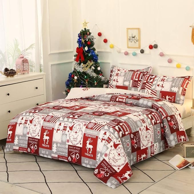 Feelyou Christmas Duvet Cover Set Queen Size, Kids Xmas Holiday Comforter Cover Santa Claus Print Bedding Set, Girls Boys Teen Snowman Snowflake Elk Reindeer Deer Home Decor Bedspread Cover Red