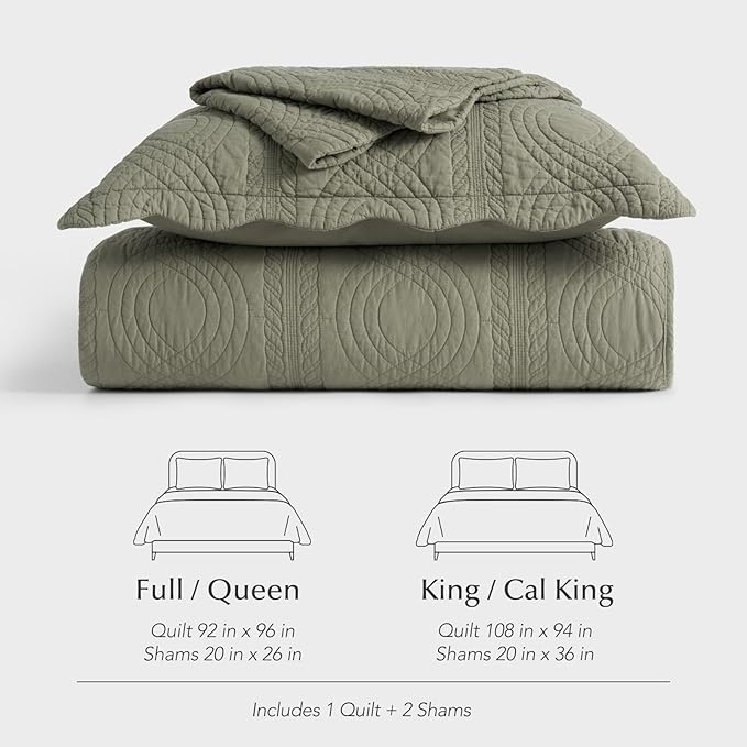 EVERGRACEHOME 100% Cotton Scallop Quilt Set, King Size 3 Piece Set – Lightweight Bedspread with 2 Shams, Soft Prewashed Matelasse Coverlet for Cozy and Elegant Bedding, Olive Green
