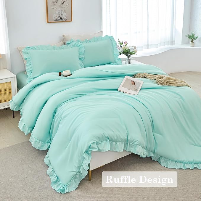 ANGIYUIN 5 Pieces Mint Green Full Bed in A Bag Ruffle Bedding Sets Solid Ruffled Comforter Set Vintage Farmhouse Bedding Comforter Sets with Sheets for Girls Women(Mint Green Full)