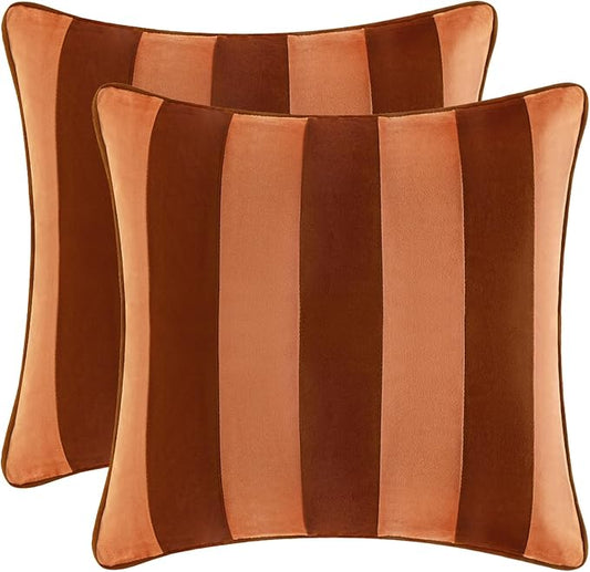MONDAY MOOSE Decorative Throw Pillow Covers Cushion Cases, Set of 2 Soft Velvet Striped Piping Edge Designs, Pillow Inserts Not Included (20x20 inch, Rust/Coral)