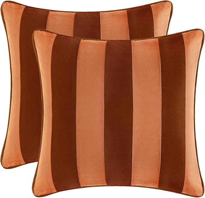 MONDAY MOOSE Decorative Throw Pillow Covers Cushion Cases, Set of 2 Soft Velvet Striped Piping Edge Designs, Pillow Inserts Not Included (16x16 inch, Rust/Coral)