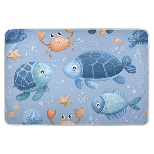 Waterproof Bed Pad Reusable Changing Pad Toddler Mattress Protector Large Pee Pad Baby Diaper Pad Soft Washable Liner Blue Turtle Fish Crabs Starfish