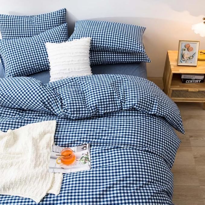 LifeTB Royal Blue Gingham Duvet Cover Twin 100% Washed Cotton Dark Blue Checked Duvet Cover 3 Piece Modern Plaid Grid Bedding Set Soft Comfy Checkered Comforter Cover Breathable Gingham Bedding Set
