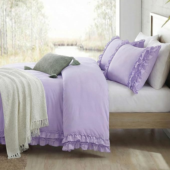 Bedrom Ruffled Duvet Cover Queen Light Purple Bedding Set Shabby Chic Lace Ruffle Bedroom Set Lilac Purple Aesthetic Boho Duvet Cover Set for Girls Women