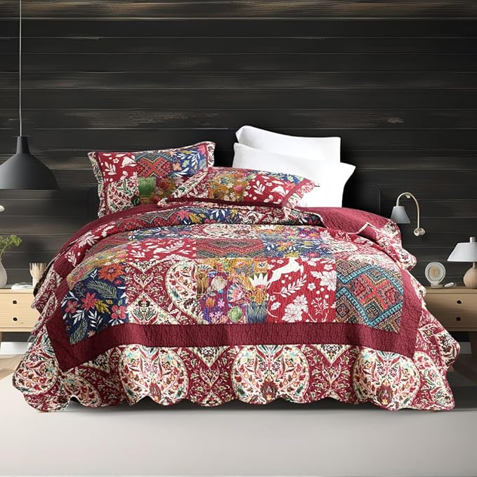 ENASAL Cotton Bedspread Quilt Sets Reversible Bedding Coverlet Sets Comforters Vintage Luxury Damask Floral Real Patchwork Burgundy Bedspread,King Size | Breathable material, Cotton soft durable, Reversible, Jacquard stitching, Machine waschable