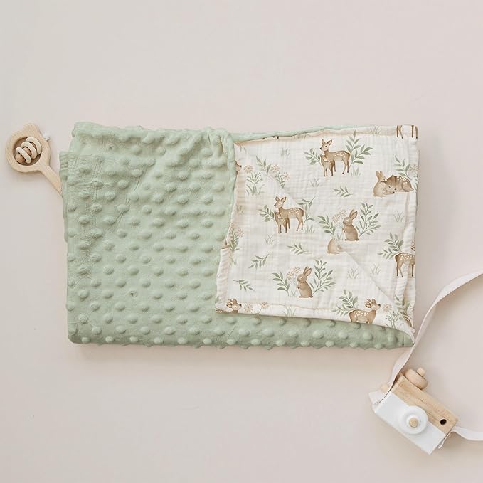 Konssy Baby Blankets for Unisex Boys Girls, Super Soft Nursery Minky Blankets with Muslin Cotton Front and Dotted Fleece Backing, Printed Bed Throws Newborn