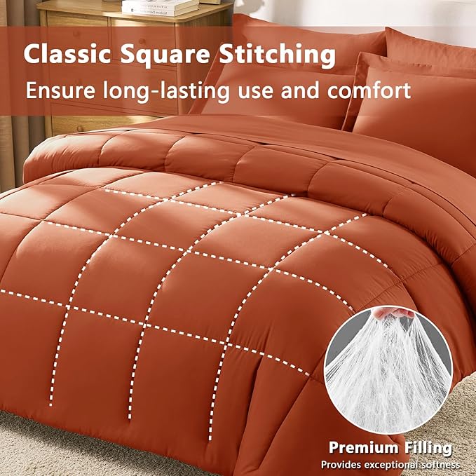 CozyLux Full Size Comforter Sets Terracotta - 7 Pieces Bed in a Bag Full, Oeko-Tex Certified Bed Set, All Season Soft Bedding Set with Down Alternative Comforter, Sheets, Pillowcases & Pillow Shams