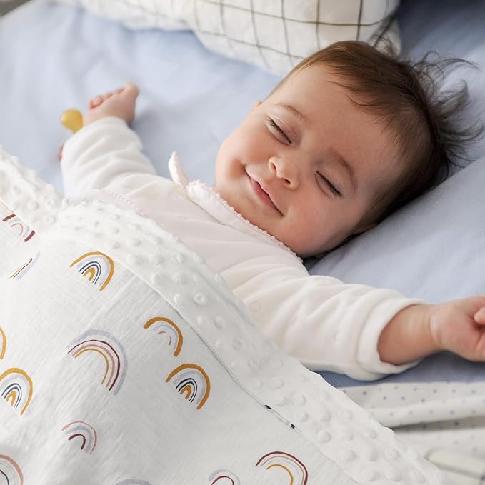 Cotton Muslin Front Fluffy-Backed Baby Swaddle Blankets Double Layer Nursery Plush Dotted Fleece Back Receiving Bed Quilt Blanket for Unisex Newborn Toddler Boys Girls 30 x 41 Inches